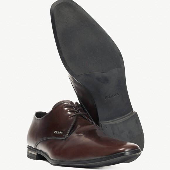 Prada Brown Spazzolato Leather Lace-Up Derbies - Picture 4 of 12